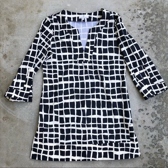 Jude Connally Tunic Top V-neck 3/4 Sleeve Geometric Print Blue White S - Picture 2 of 6